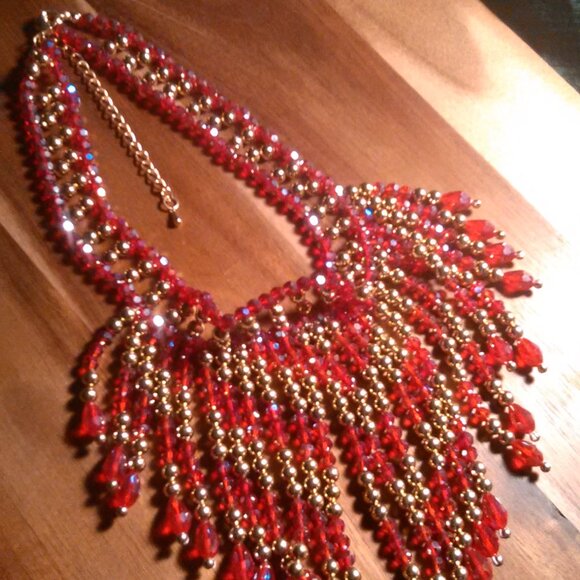 Red Glass and Beaded Waterfall Goldtone Necklace - Picture 1 of 16